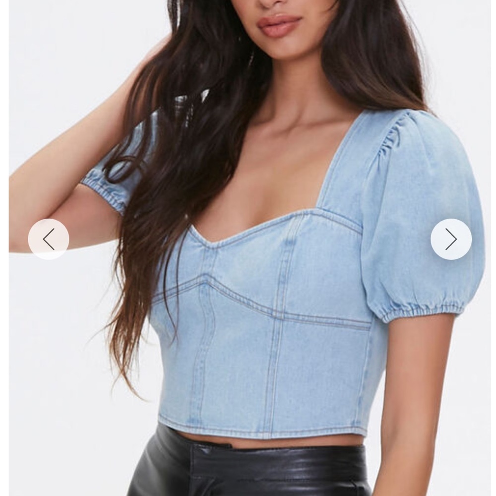 Forever 21 Denim Puffer Sleeve Crop Top